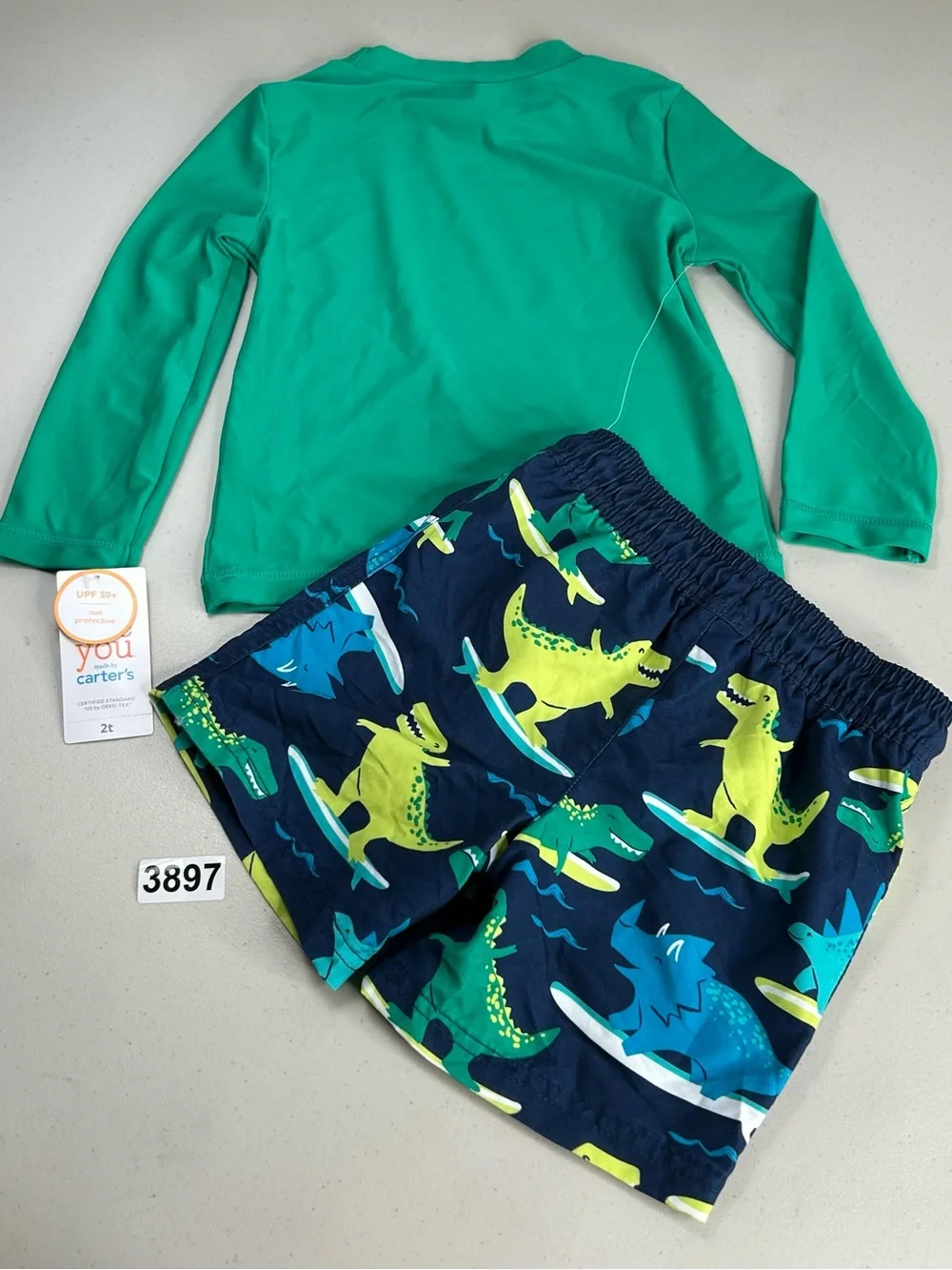 Carter's 2T 2pc Swimsuit and Long Sleeve Rash guard Green Blue Dinosaur New